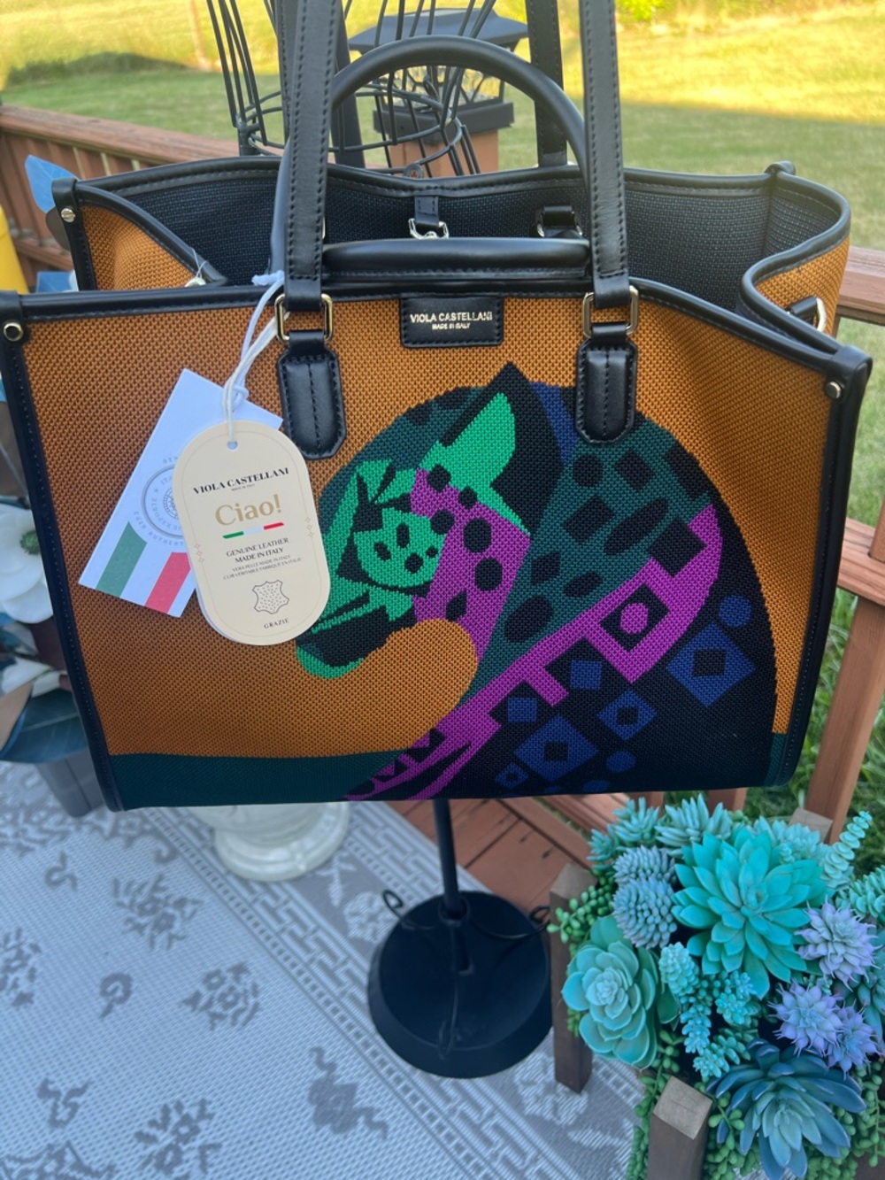 NWT Viola Castellani Atena Crochet Tote Bag Italian Leather Big Cat Leopard 🐆
